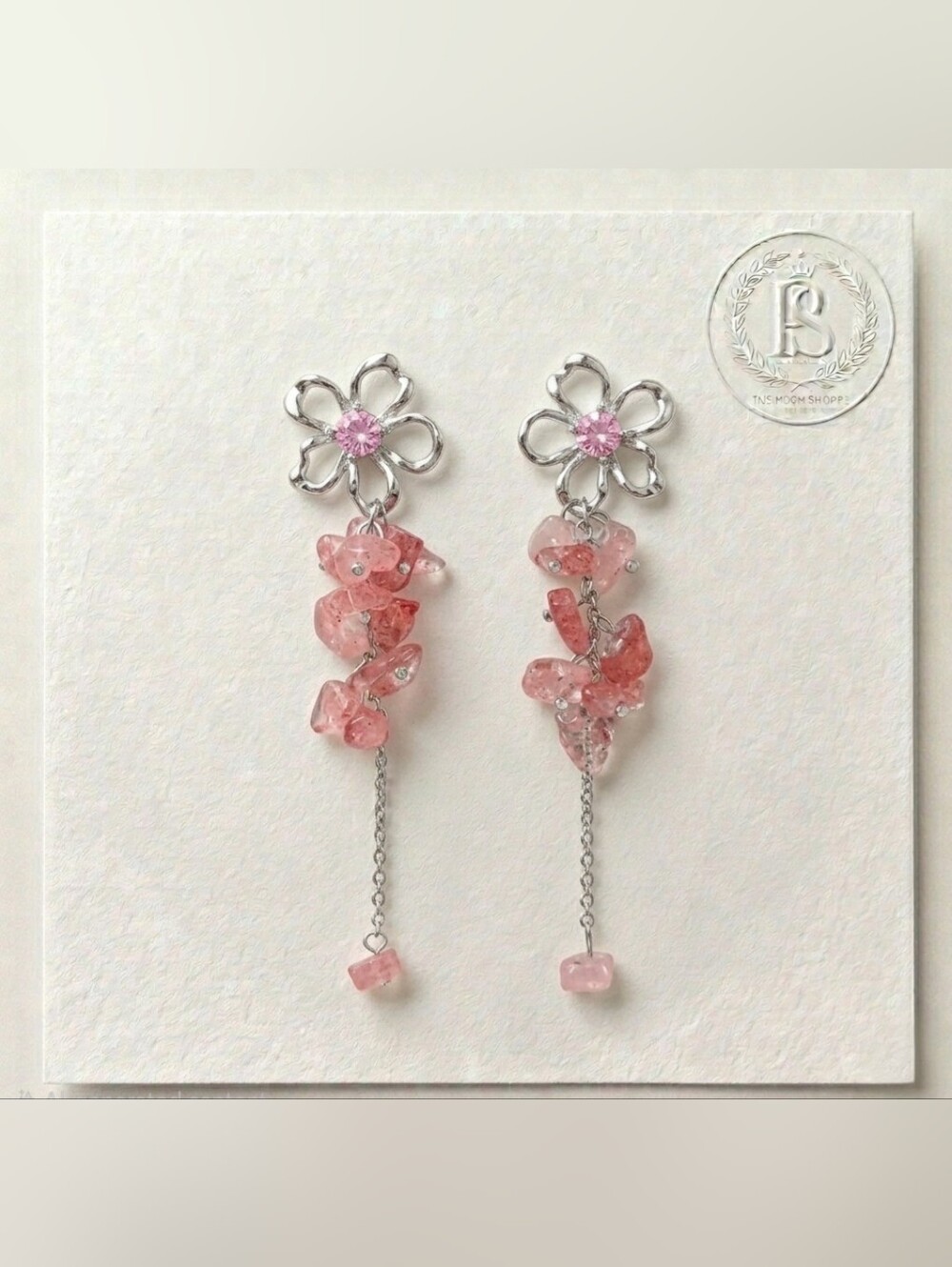 Pink Crystal Tassel Earrings | 925 Silver Needle Floral Studs